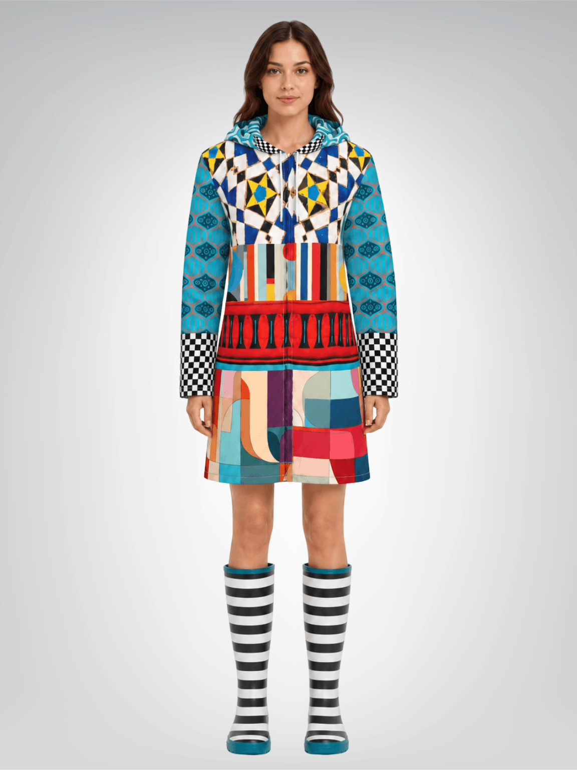 Electric Harlequin Patchwork Womens Hooded Rain Jacket
