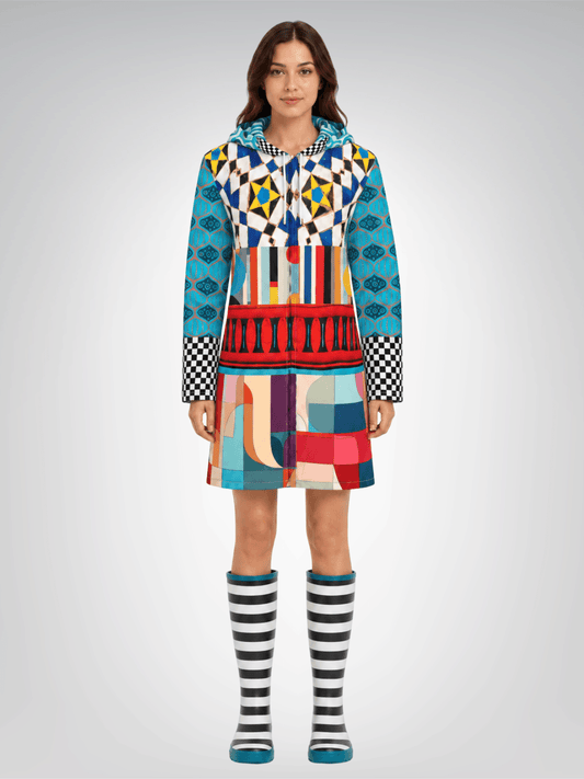 Electric Harlequin Patchwork Womens Hooded Rain Jacket