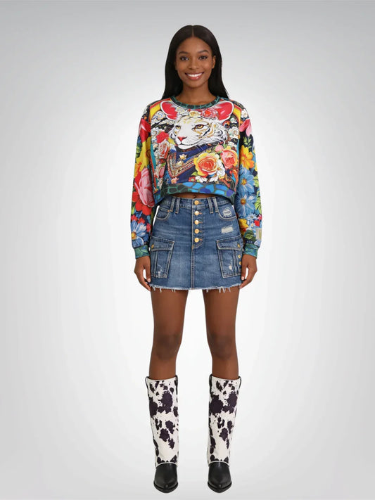 Emperor Cat in Rose Floral Cropped Sweatshirt (Gold Label)