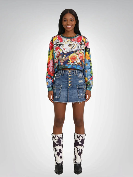 Emperor Cat in Rose Floral Cropped Sweatshirt (Gold Label)