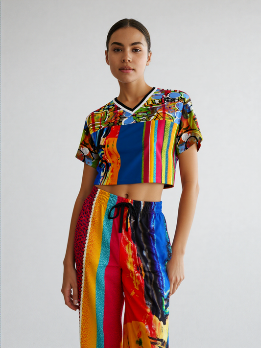 Esplanade Abstract Striped Eco-Poly V-Neck Crop Jersey