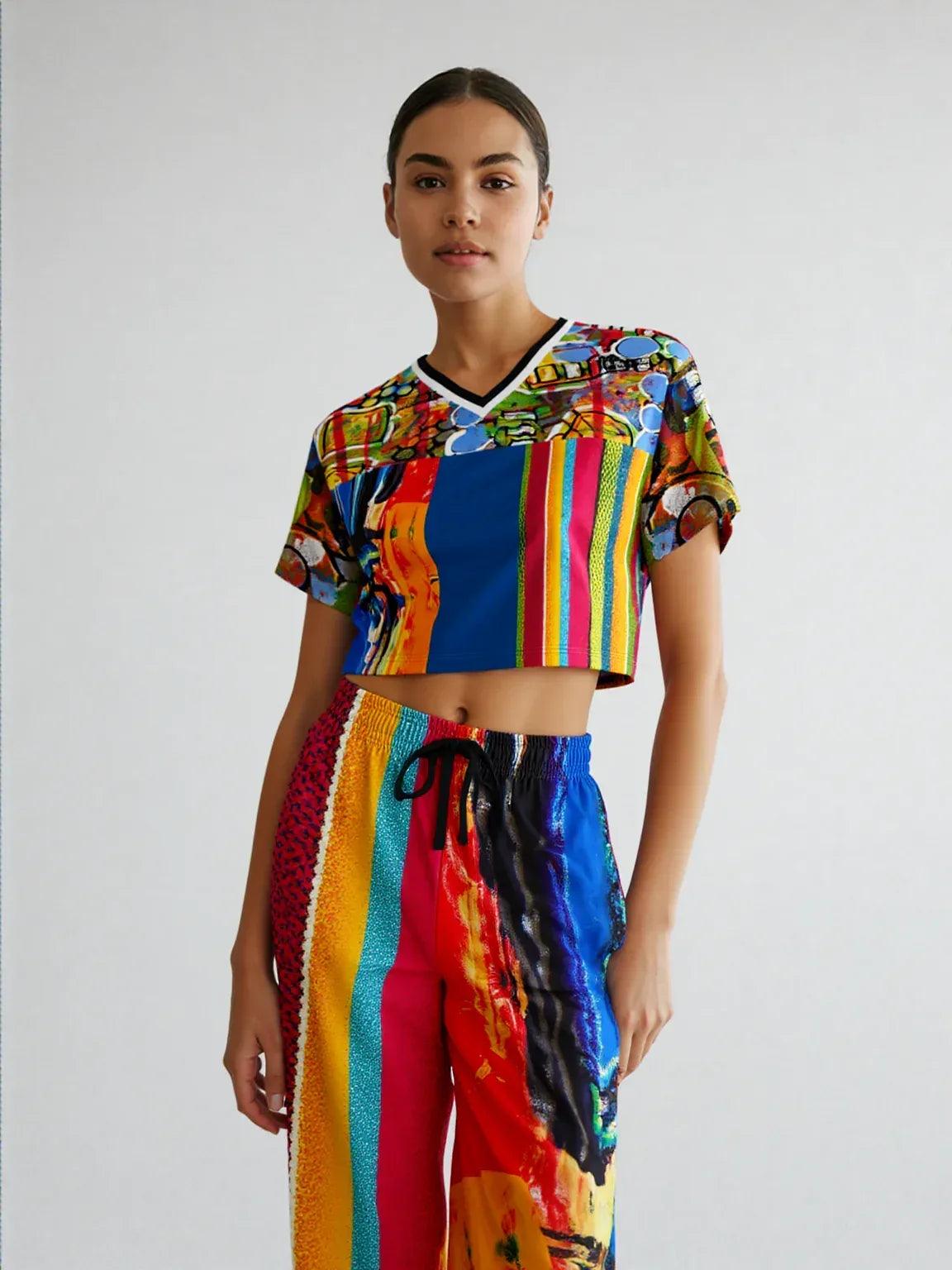 Esplanade Abstract Striped Eco-Poly V-Neck Crop Jersey