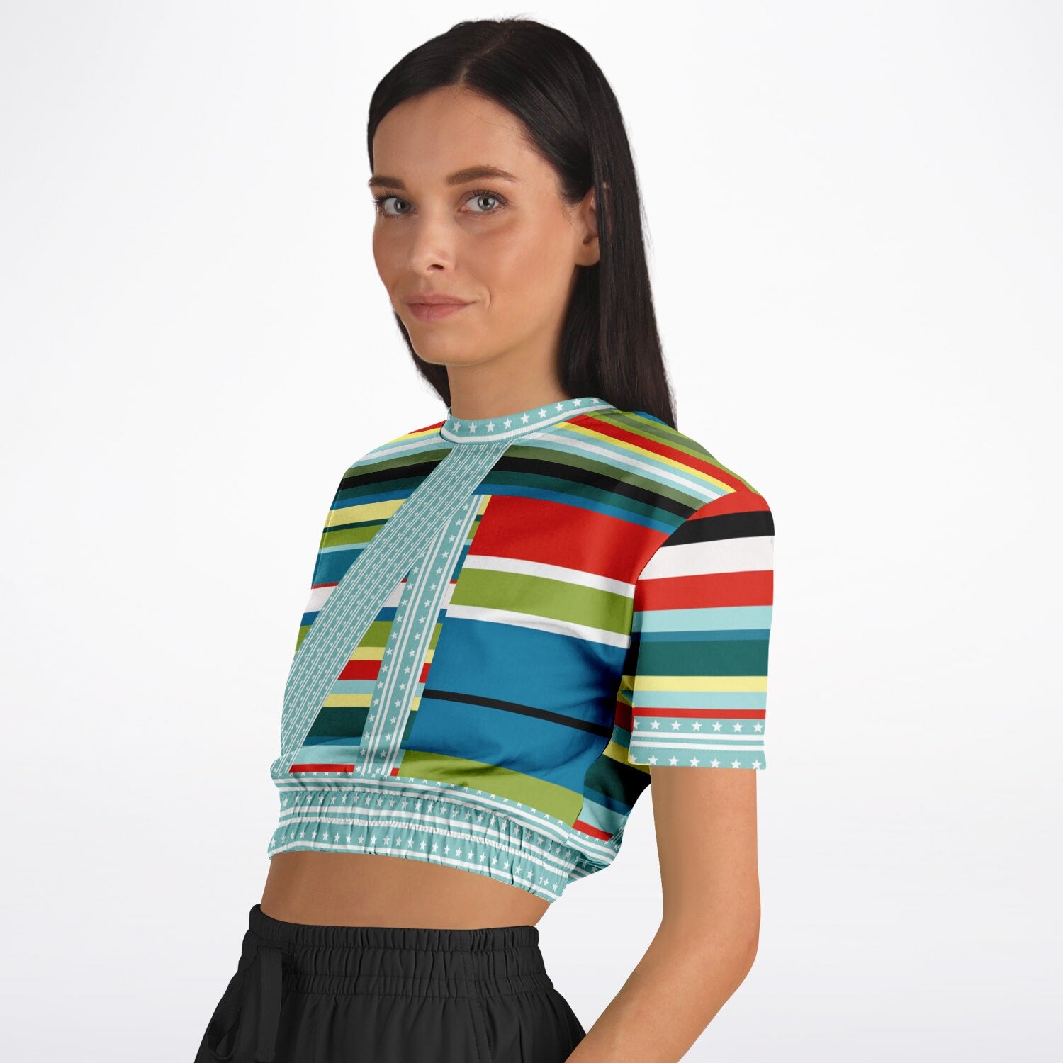 Everglades Rainbow Stripe Redirected Eco-Poly Short Sleeve Cropped Pullover