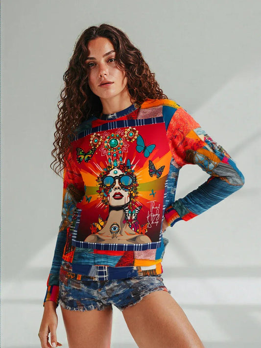 Everything Looks Perfect Denim Patchwork Print Unisex Sweatshirt (Gold Label)