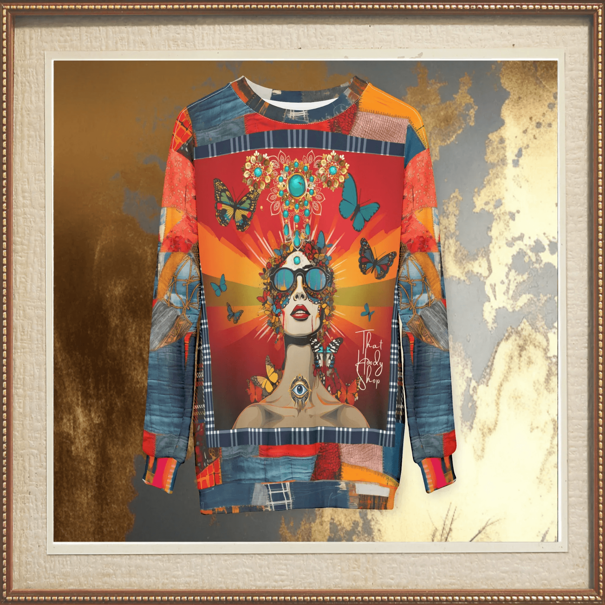 Everything Looks Perfect Denim Patchwork Print Unisex Sweatshirt (Gold Label)
