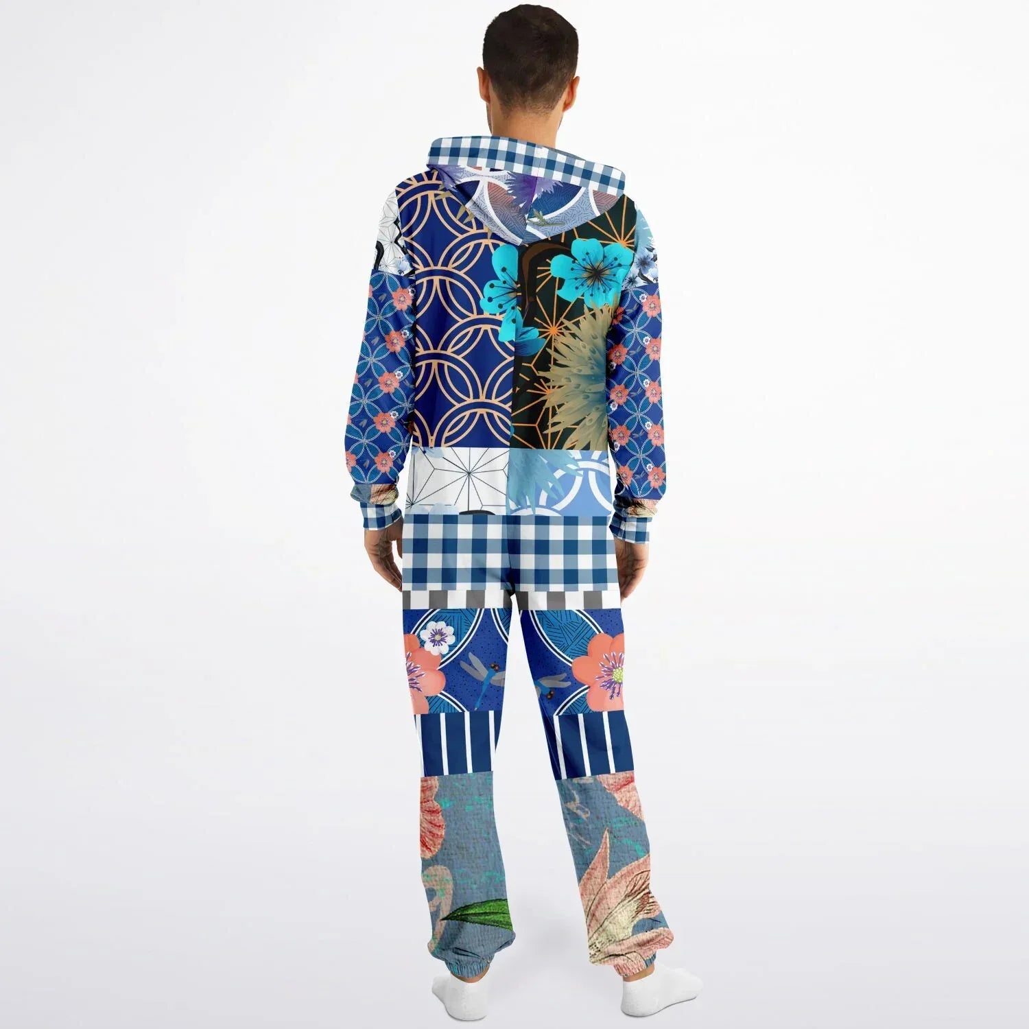 Blue Andalusian Patchwork Unisex Fleece Romper