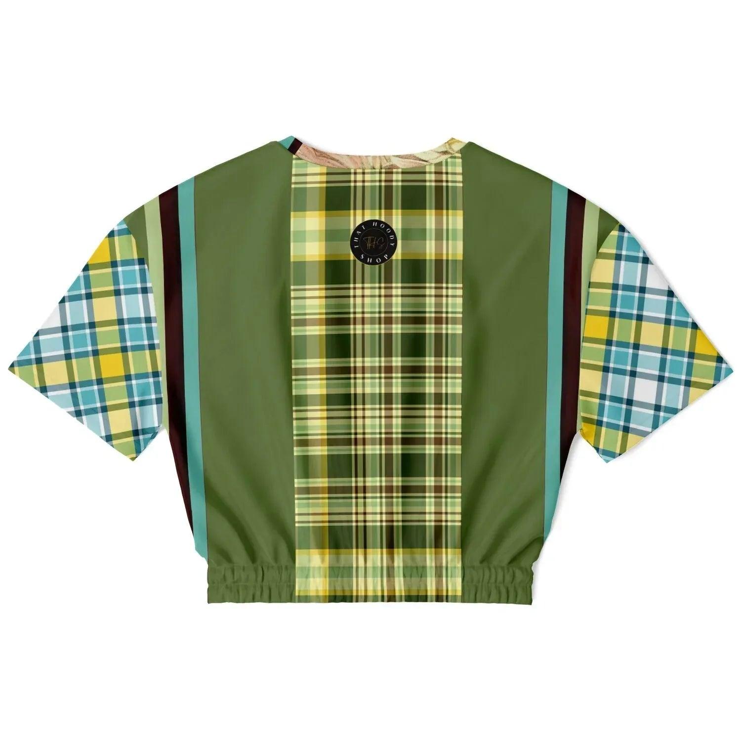 Green Caravan Plaid Eco-Poly Short Sleeve Cropped Pullover