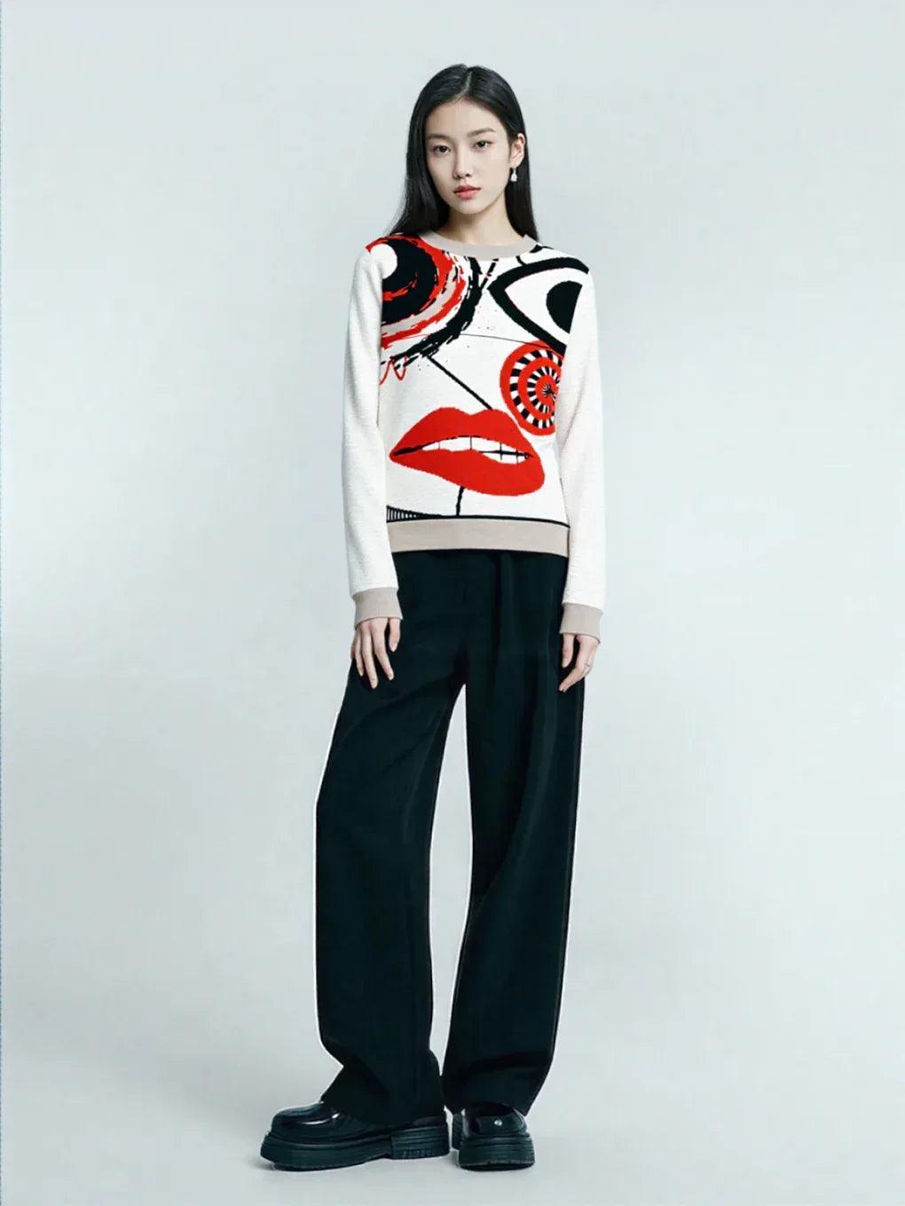 Face in Line Drawing Knitted Crewneck Sweater