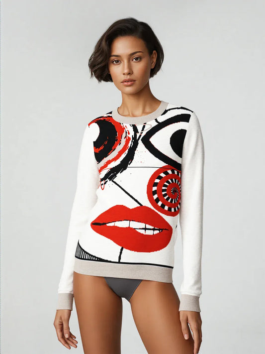 Face in Line Drawing Knitted Crewneck Sweater