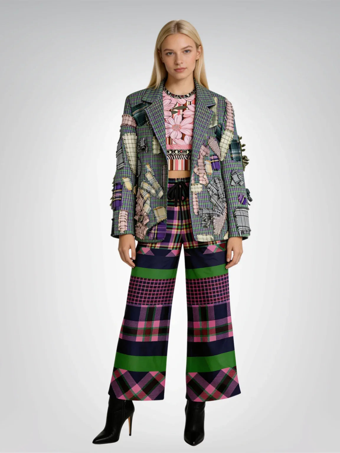 Fantasy in Pink Floral Stripe Eco-Poly Short Sleeve Cropped Pullover