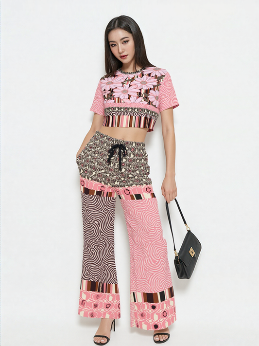 Fantasy in Pink Geometric Swirl Patchwork Eco-Poly Wide Leg Pants