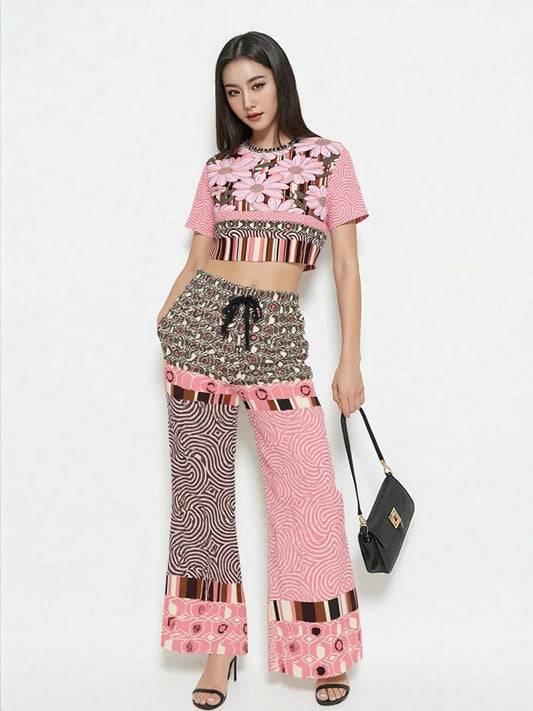 Fantasy in Pink Geometric Swirl Patchwork Eco-Poly Wide Leg Pants