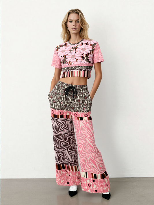 Fantasy in Pink Geometric Swirl Patchwork Eco-Poly Wide Leg Pants