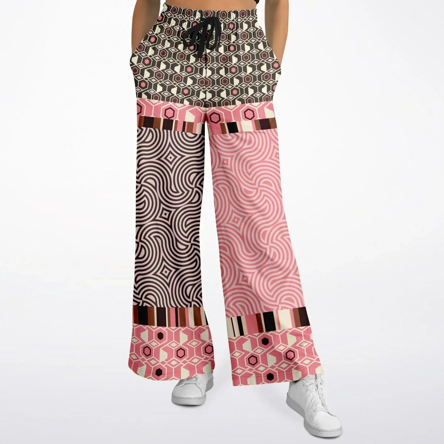 Fantasy in Pink Geometric Swirl Patchwork Eco-Poly Wide Leg Pants