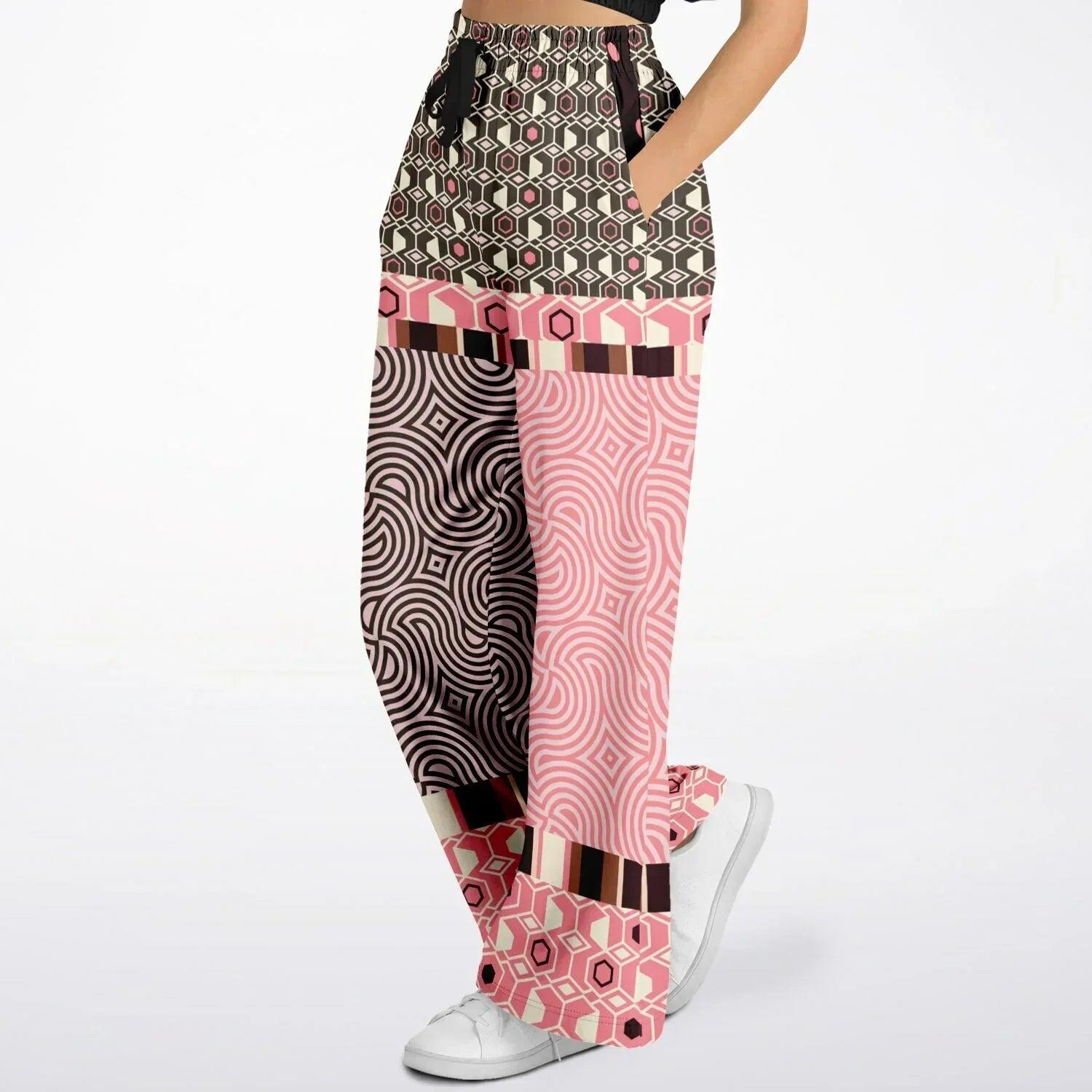 Fantasy in Pink Geometric Swirl Patchwork Eco-Poly Wide Leg Pants
