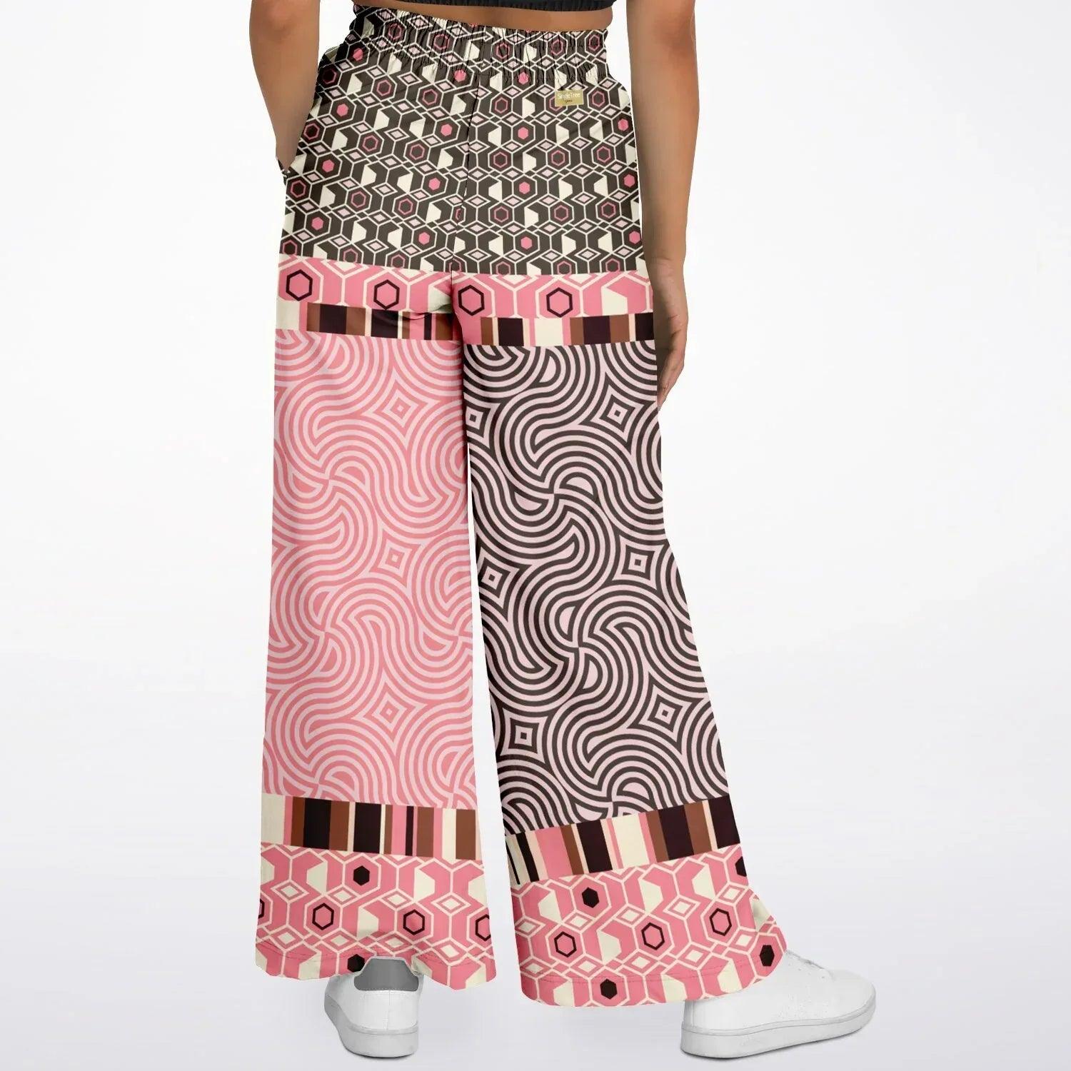 Fantasy in Pink Geometric Swirl Patchwork Eco-Poly Wide Leg Pants