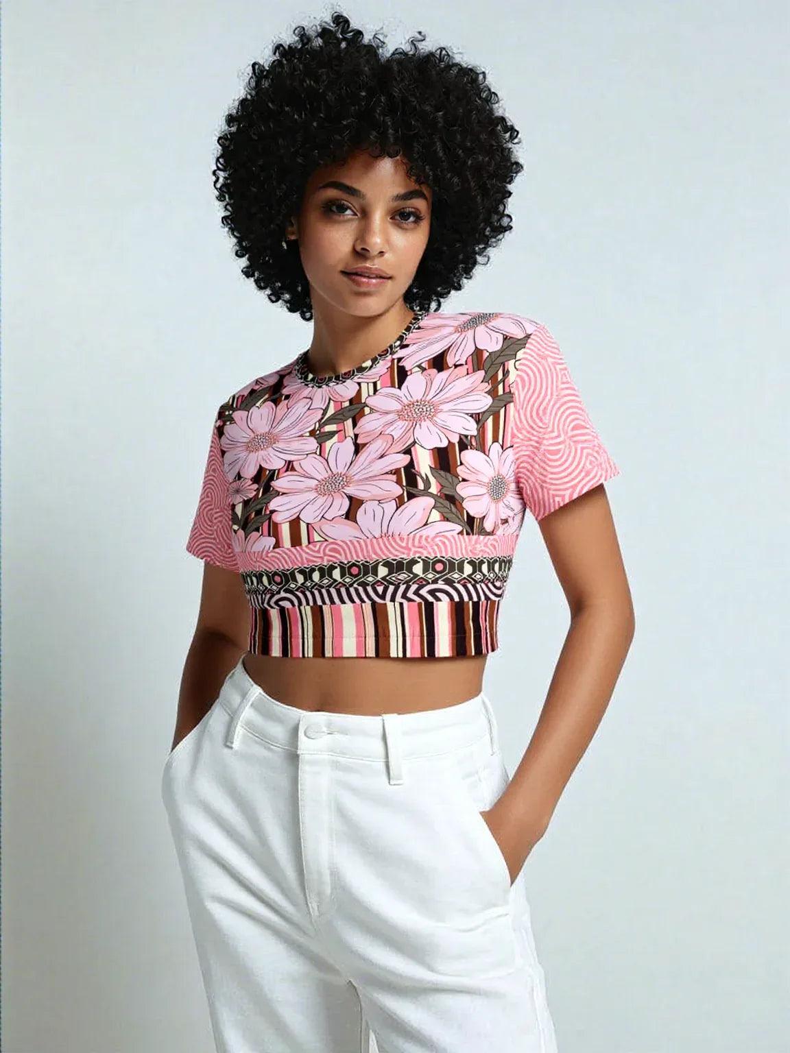 Fantasy in Pink Floral Stripe Eco-Poly Short Sleeve Cropped Pullover
