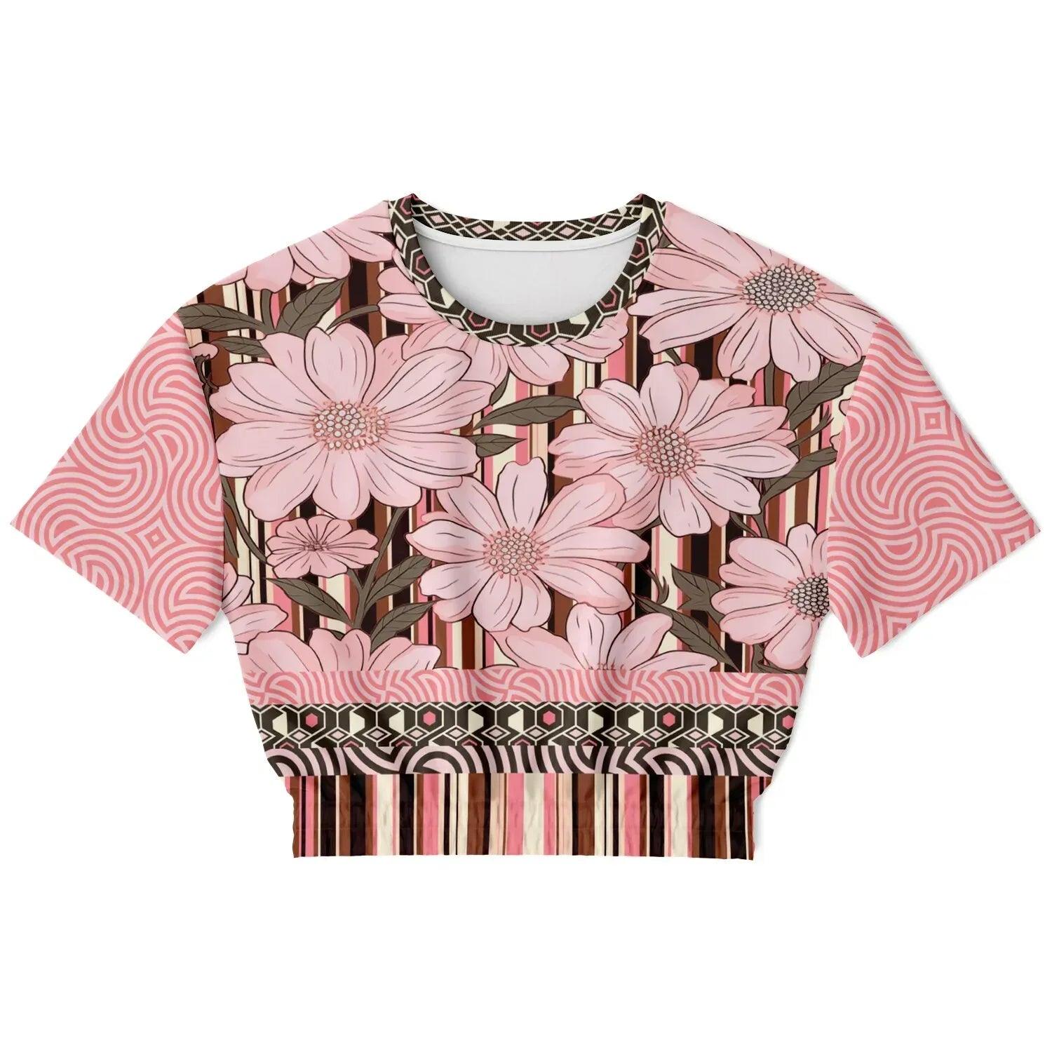 Fantasy in Pink Floral Stripe Eco-Poly Short Sleeve Cropped Pullover