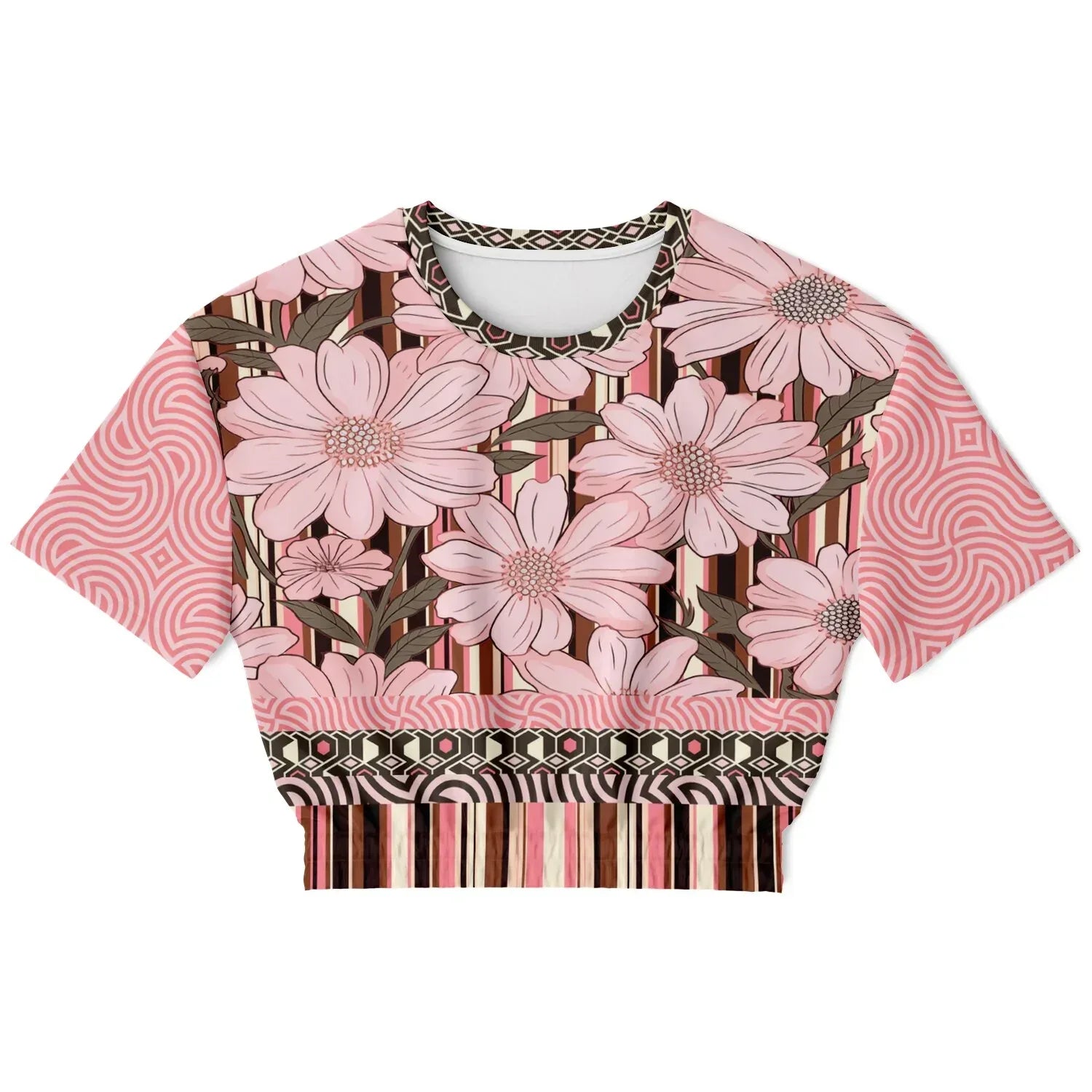 Fantasy in Pink Floral Stripe Eco-Poly Short Sleeve Cropped Pullover