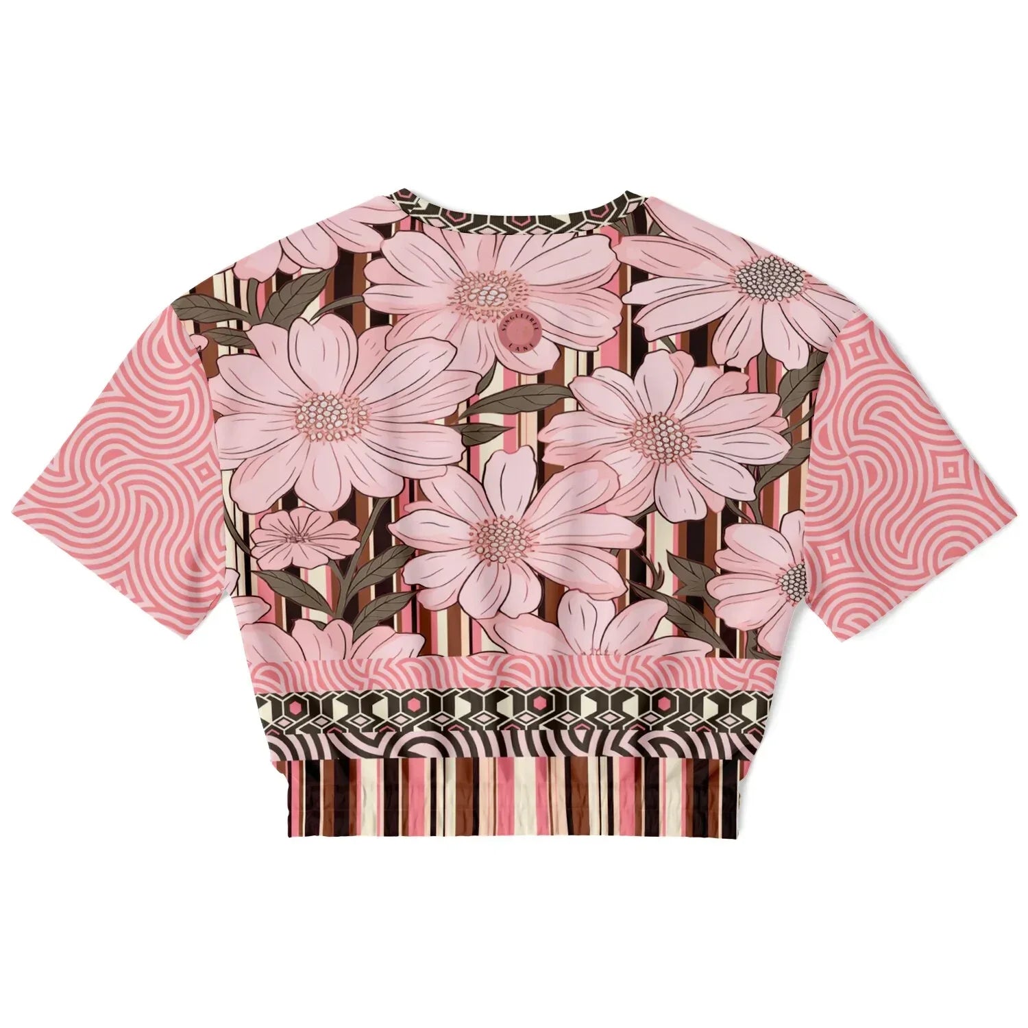 Fantasy in Pink Floral Stripe Eco-Poly Short Sleeve Cropped Pullover