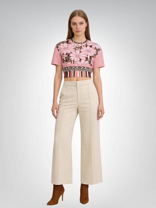 Fantasy in Pink Floral Stripe Eco-Poly Short Sleeve Cropped Pullover