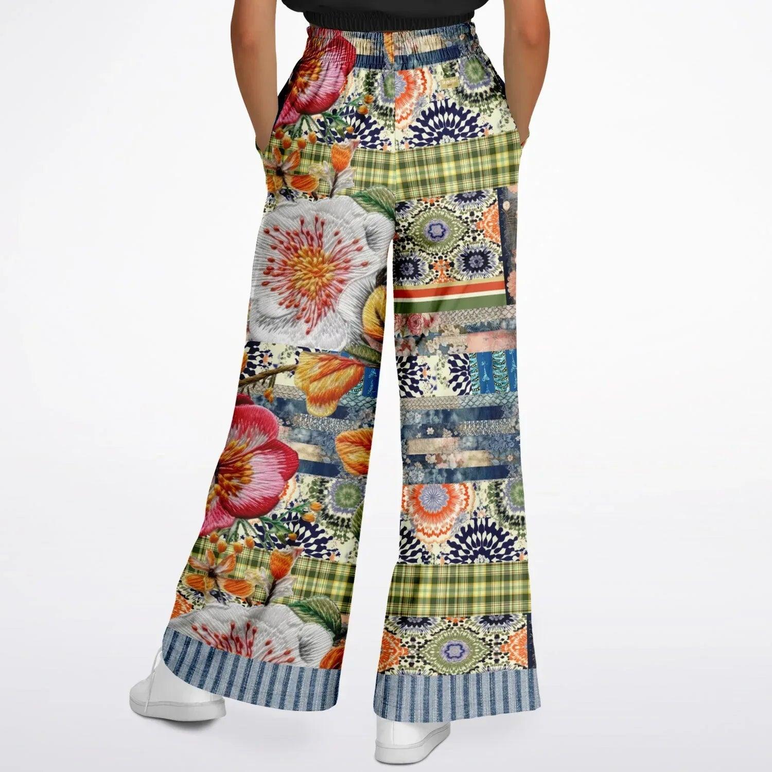 Wiosna - Janoszanka - Denim Floral Striped Patchwork Eco-Poly Wide Leg Pants