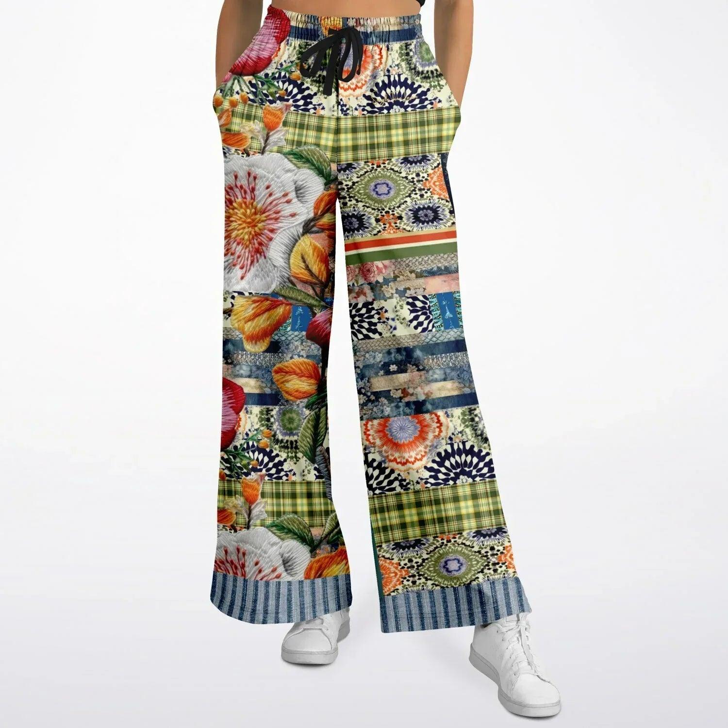 Wiosna - Janoszanka - Denim Floral Striped Patchwork Eco-Poly Wide Leg Pants