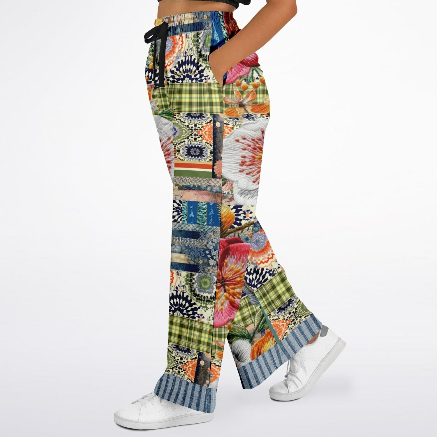 Wiosna Denim Floral Striped Patchwork Eco-Poly Wide Leg Pants