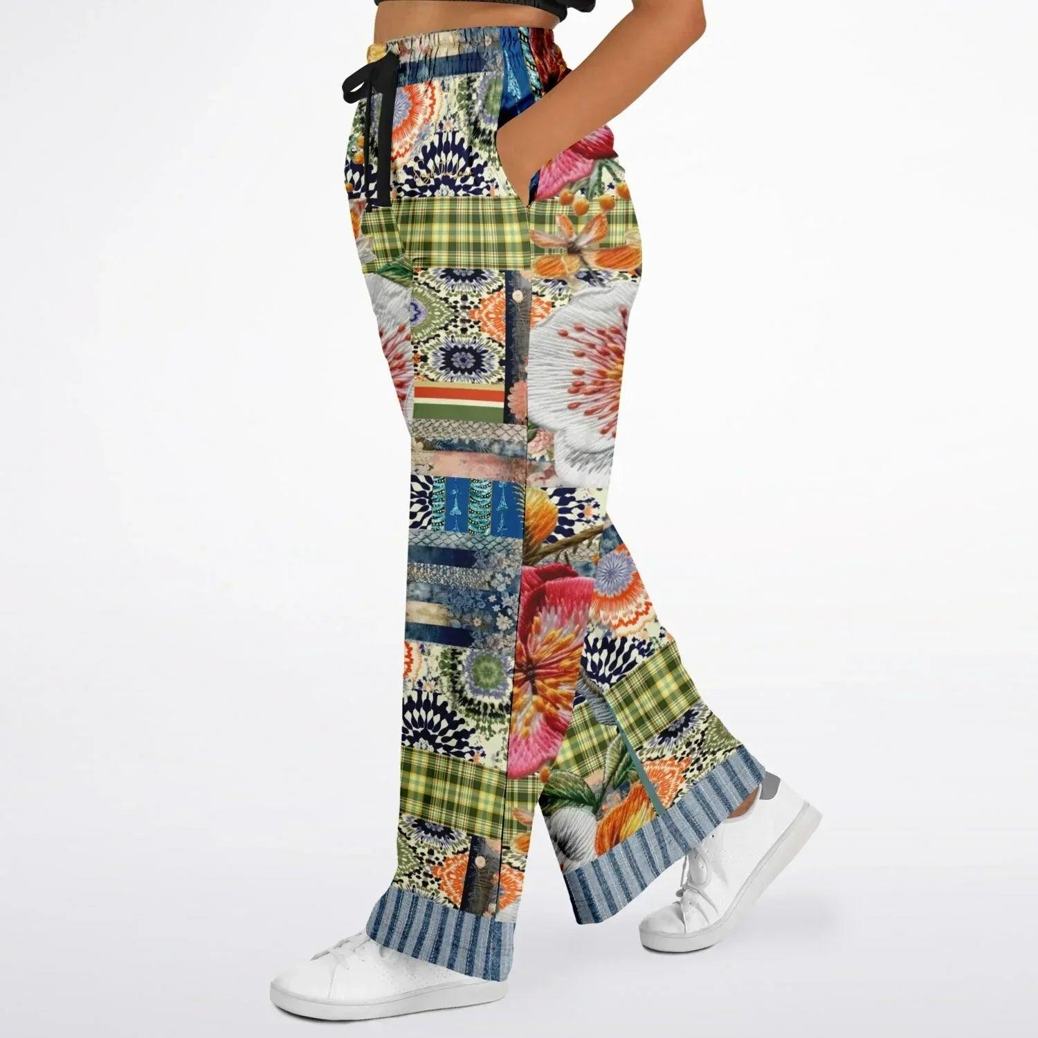 Wiosna - Janoszanka - Denim Floral Striped Patchwork Eco-Poly Wide Leg Pants