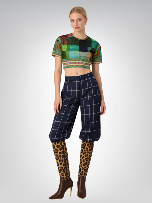 Flashback to the 70s in Checkerboard Eco-Poly Short Sleeve Cropped Pullover