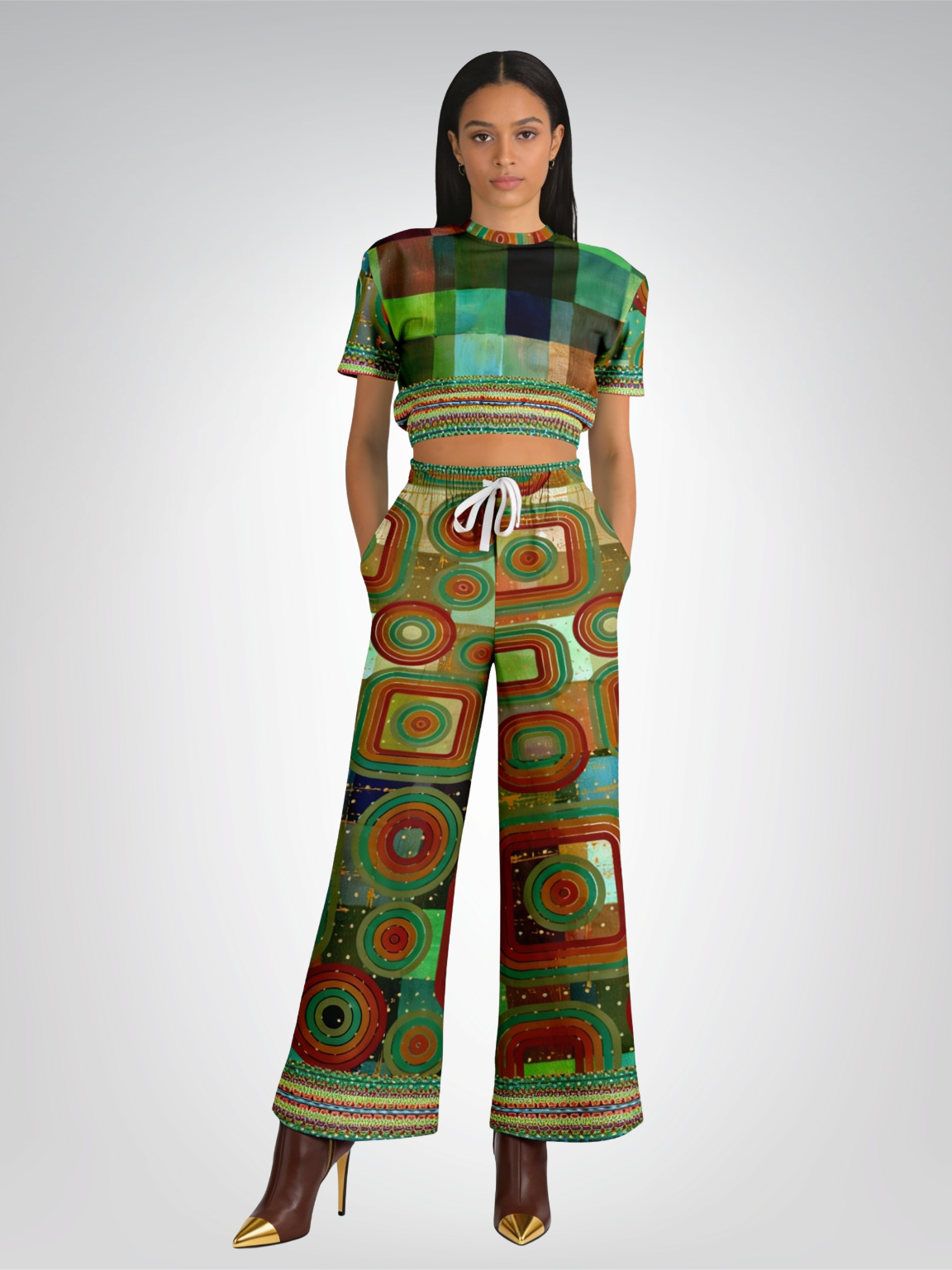 Flashback to the 70s in Checkerboard Eco-Poly Short Sleeve Cropped Pullover