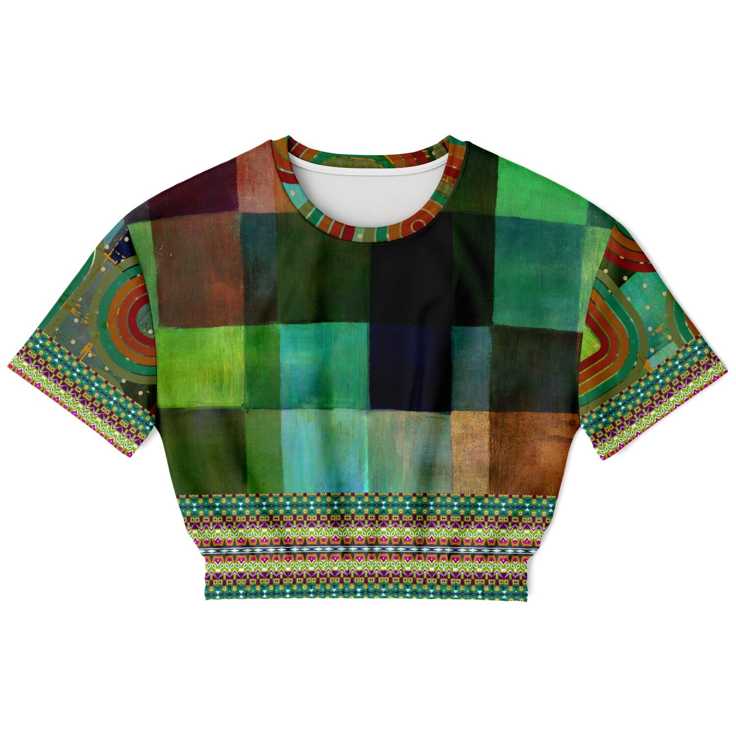 Flashback to the 70s in Checkerboard Eco-Poly Short Sleeve Cropped Pullover