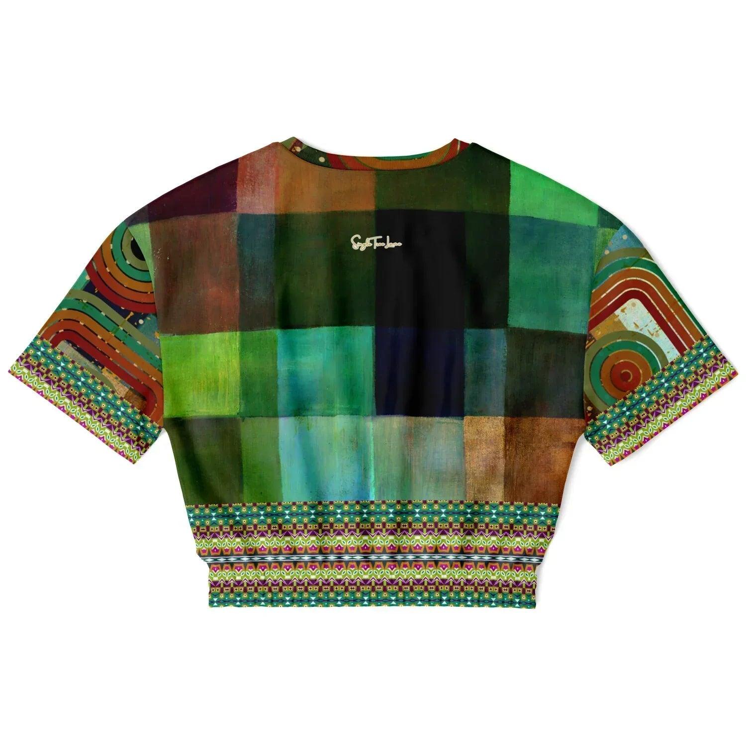 Flashback to the 70s in Checkerboard Eco-Poly Short Sleeve Cropped Pullover
