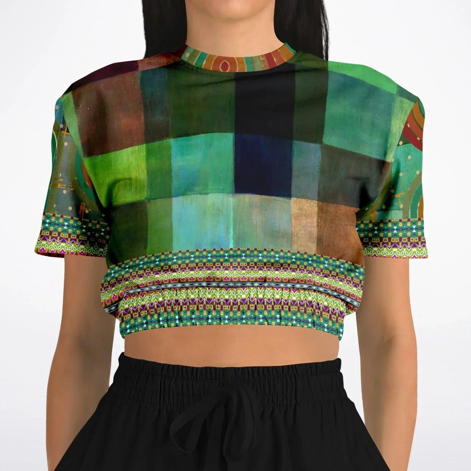 Flashback to the 70s in Checkerboard Eco-Poly Short Sleeve Cropped Pullover