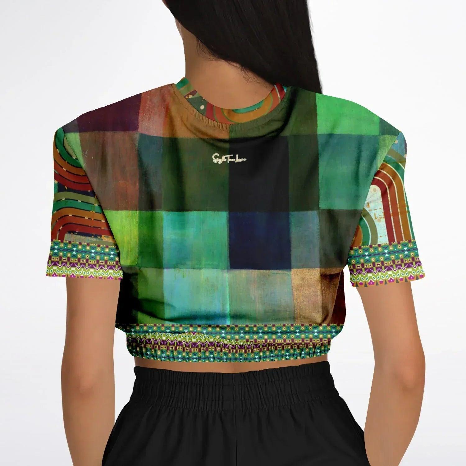 Flashback to the 70s in Checkerboard Eco-Poly Short Sleeve Cropped Pullover