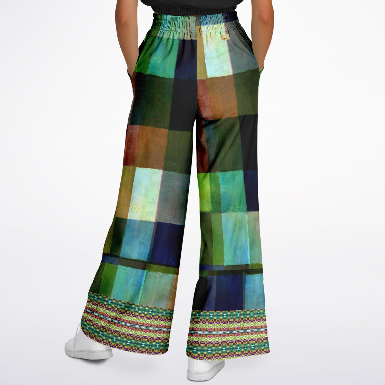 Flashback to the 70s in Checkerboard Eco-Poly Wide Leg Pants