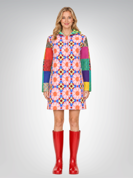 Flower Power Patchwork Garden Womens Hooded Rain Jacket