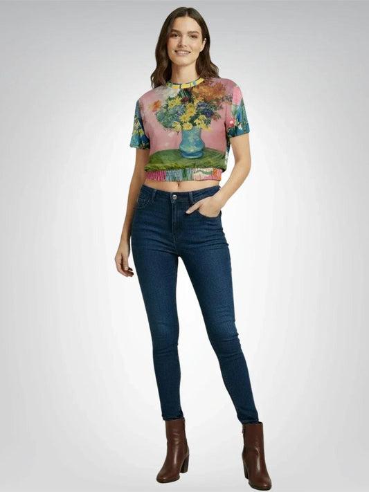 Flowers in Blue Vase - Van Gogh - Eco-Poly Short Sleeve Cropped Pullover