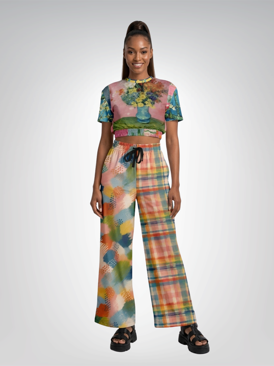Flowers in Blue Vase in Abstract Plaid & Stripe Eco-Poly Wide Leg Pants