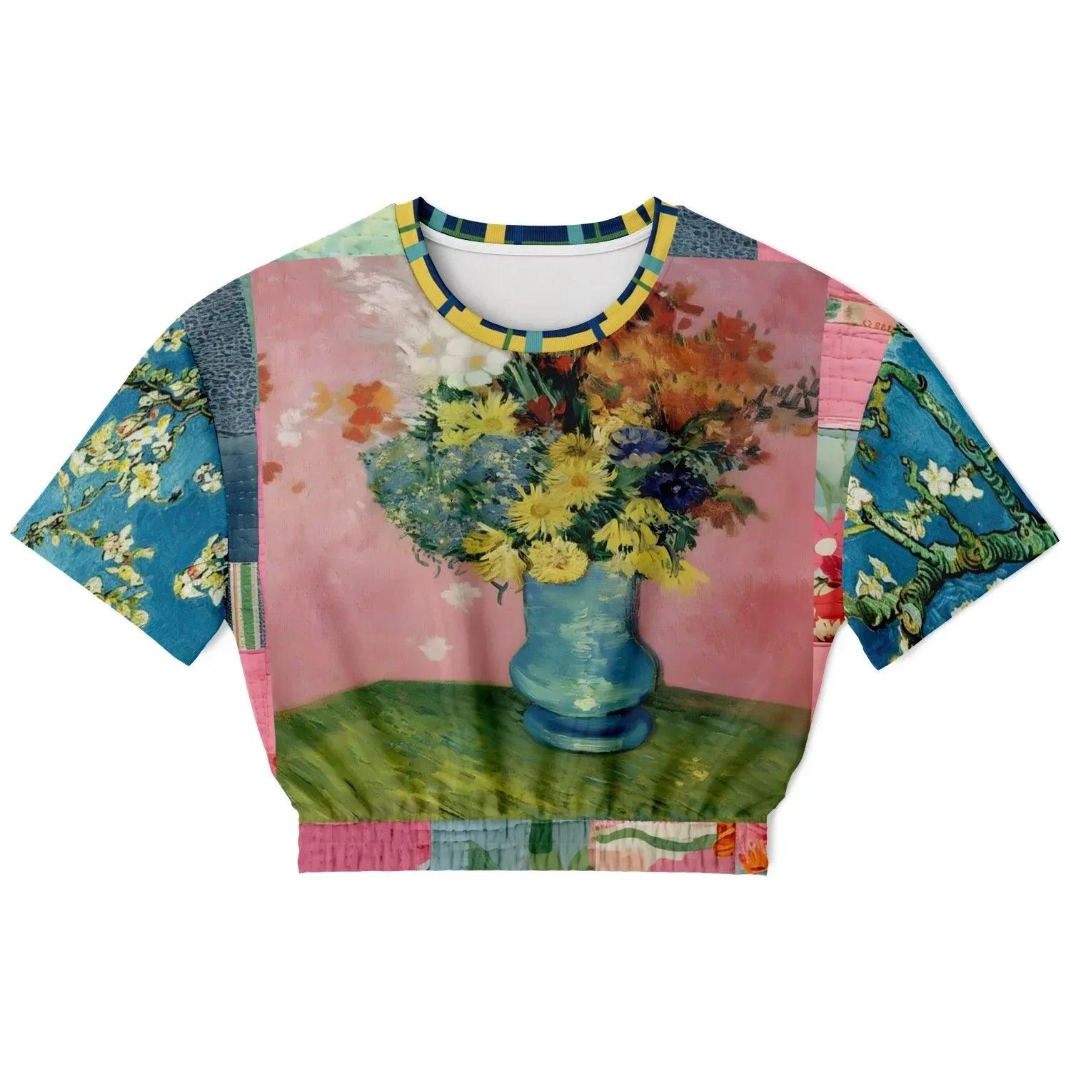 Flowers in Blue Vase - Van Gogh - Eco-Poly Short Sleeve Cropped Pullover
