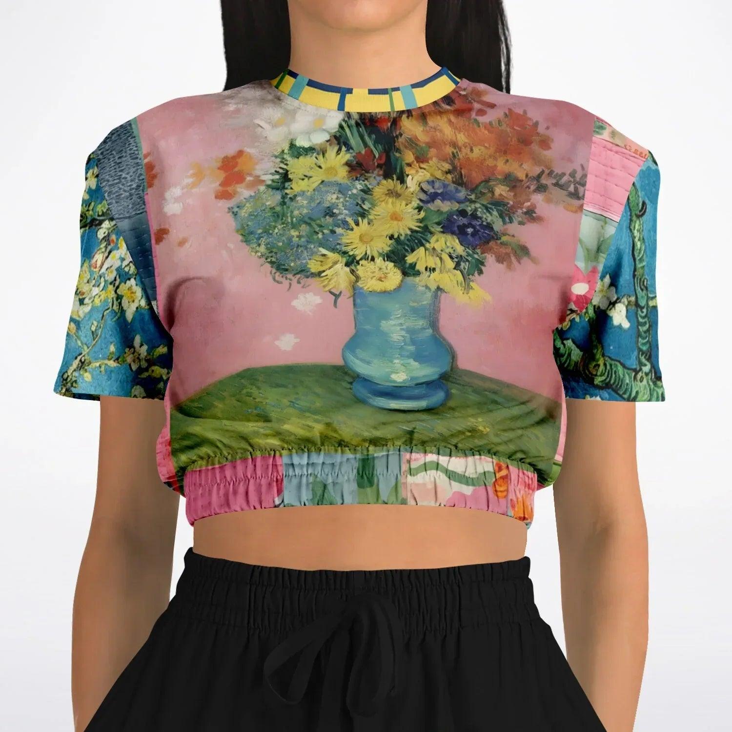 Flowers in Blue Vase - Van Gogh - Eco-Poly Short Sleeve Cropped Pullover