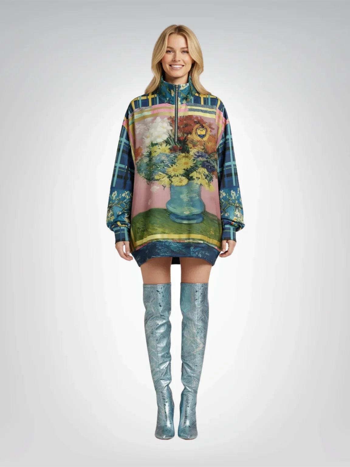Flowers in Blue Vase - Van Gogh - Heavyweight Oversized Quarter Zip Sweatshirt