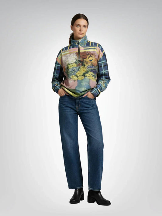 Flowers in Blue Vase - Van Gogh - Heavyweight Oversized Quarter Zip Sweatshirt