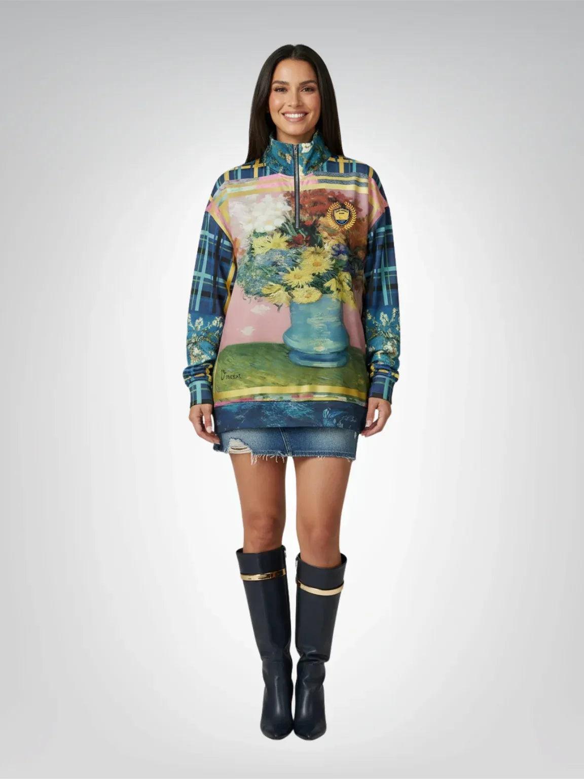 Flowers in Blue Vase - Van Gogh - Heavyweight Oversized Quarter Zip Sweatshirt