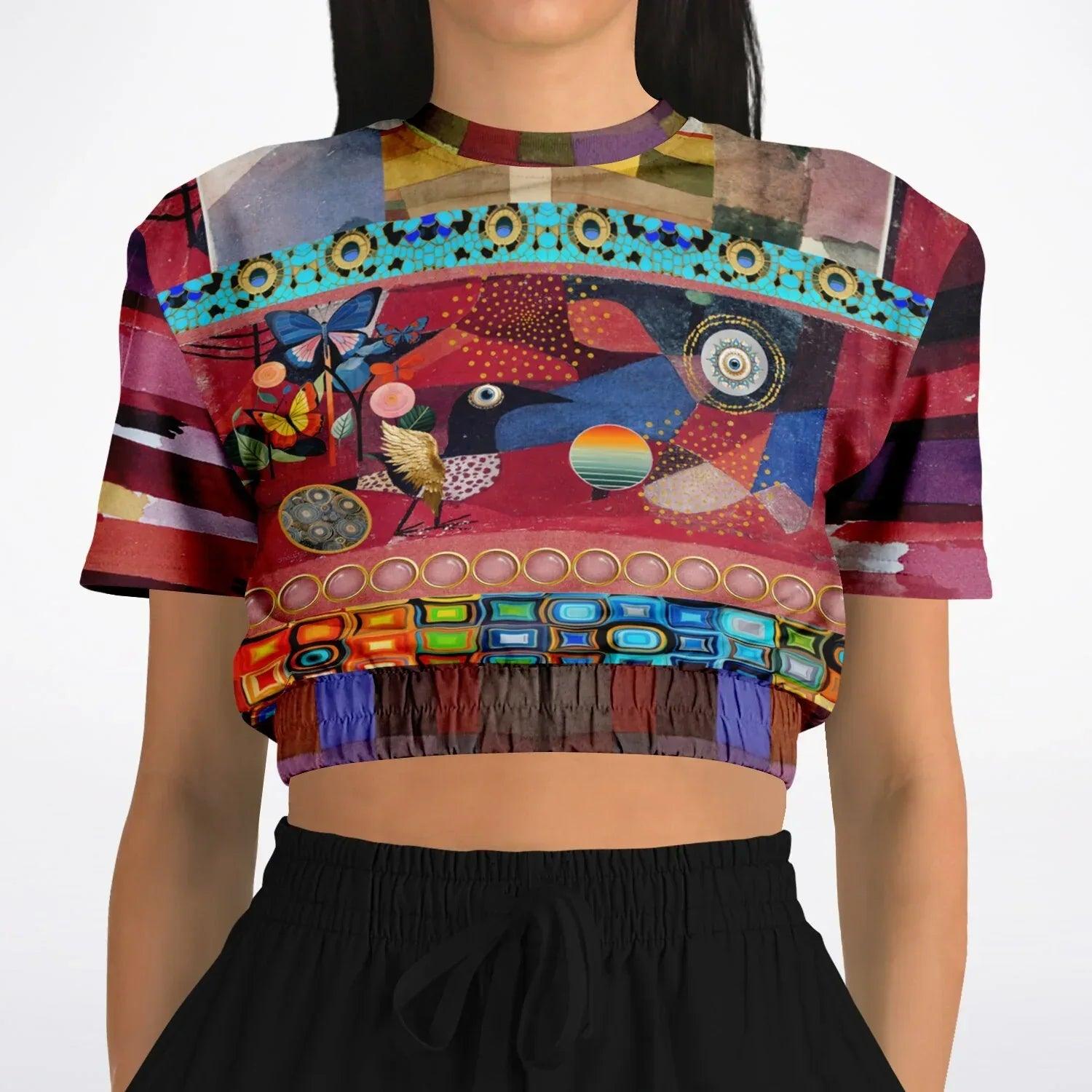 Forest Fowl in the Garden of Eden - Klee - Eco-Poly Short Sleeve Cropped Pullover