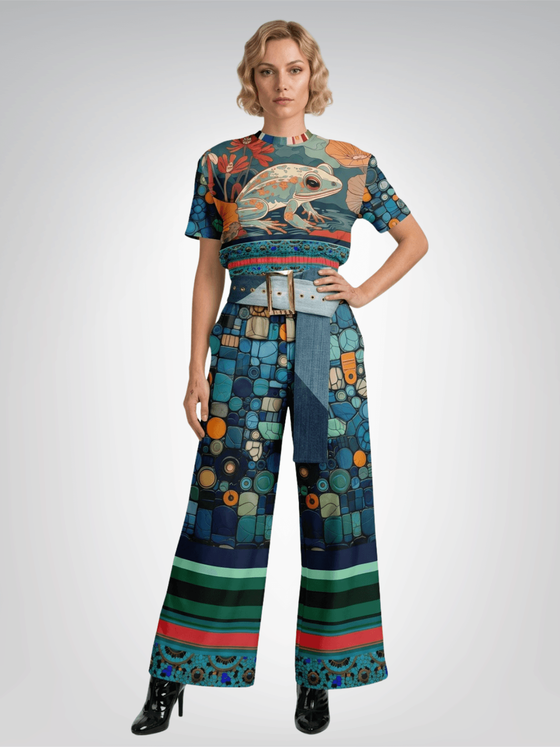 Frog on Koi Pond in Mosaic and Stripe Eco-Poly Wide Leg Pants