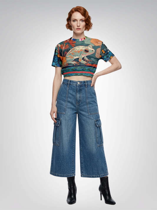Frog on Koi Pond Eco-Poly Short Sleeve Cropped Pullover