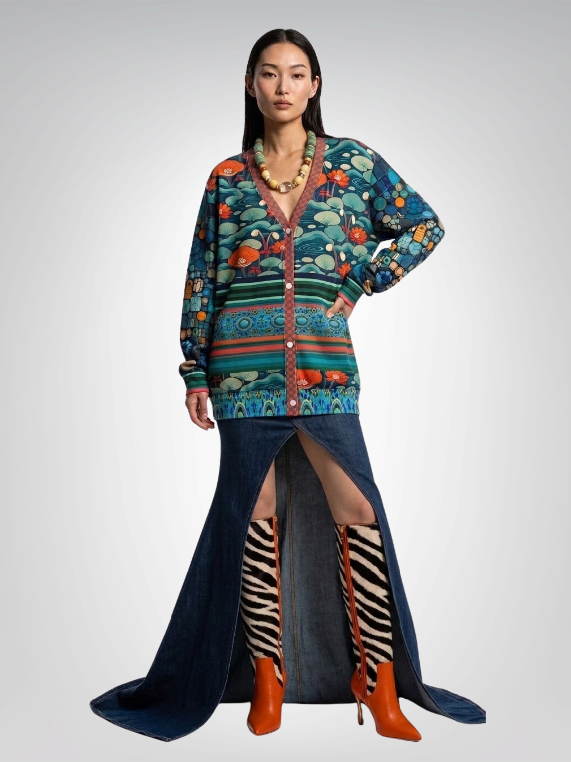 Frog on Koi Pond Floral Mosaic Stripe Heavyweight Unisex Cardigan