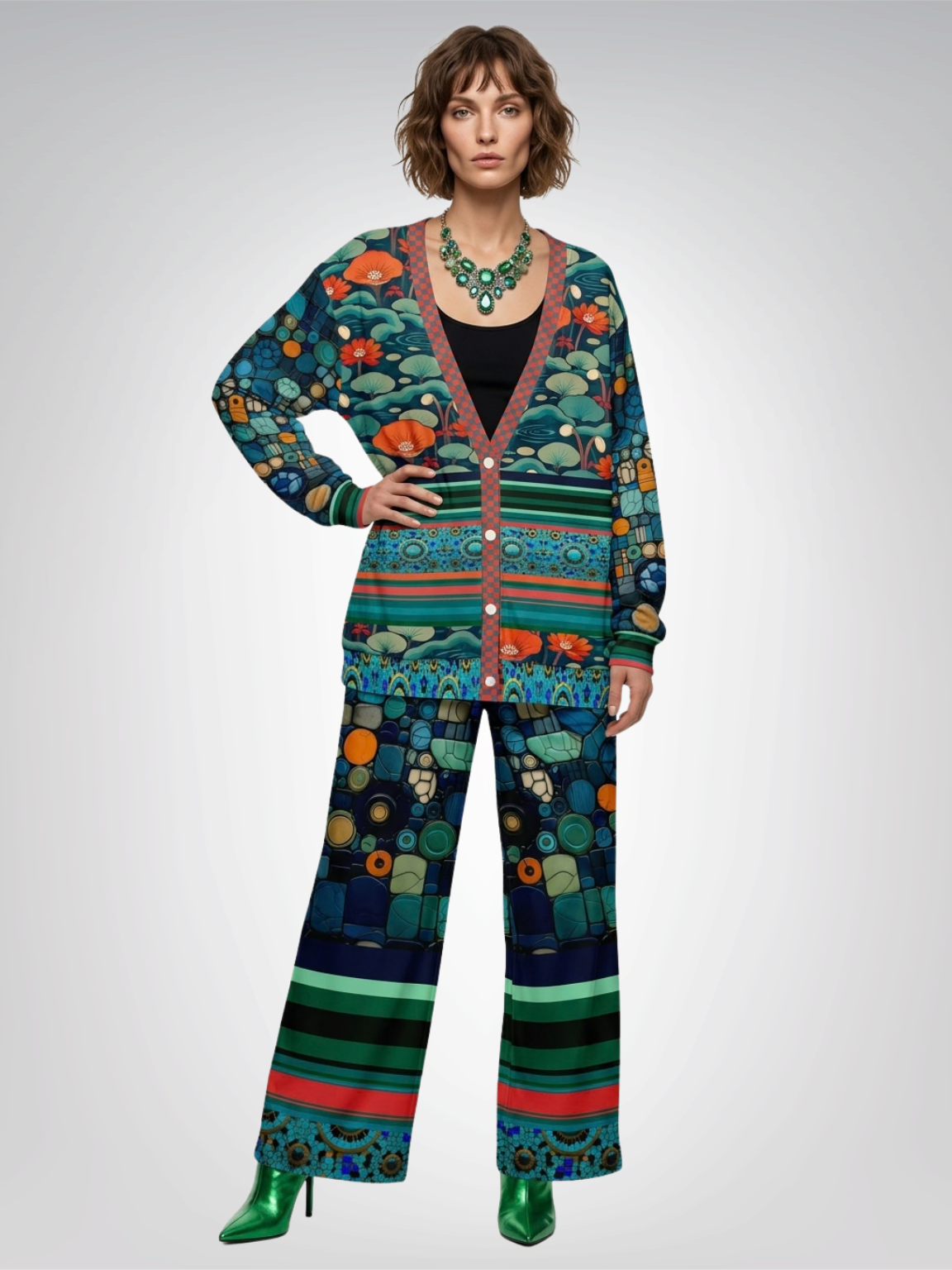Frog on Koi Pond Floral Mosaic Stripe Heavyweight Unisex Cardigan