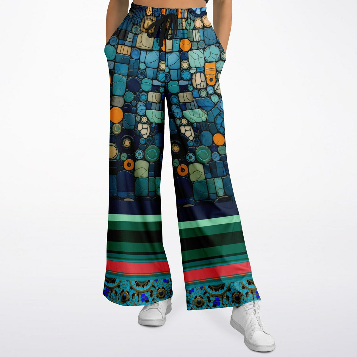 Frog on Koi Pond in Mosaic and Stripe Eco-Poly Wide Leg Pants